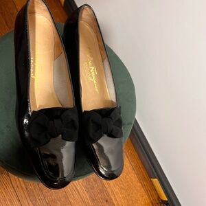 Salvatore Ferragamo Black Patent Leather Bow Heeled Pumps